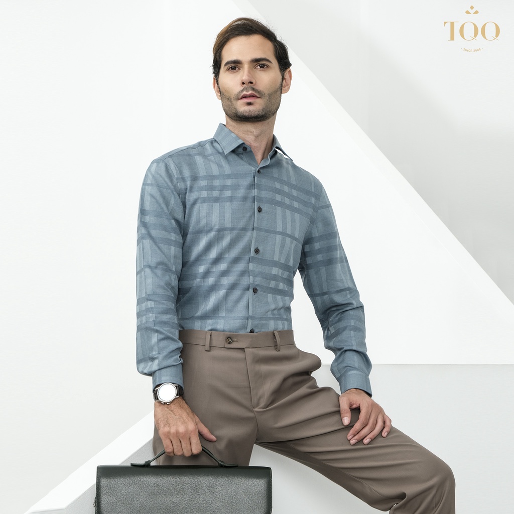 Áo sơ mi nam dài tay TQQ dáng Slimfit công sở chất liệu Cotton cao cấp có co dãn K414CS-CSB màu xanh rêu dệt kẻ chìm