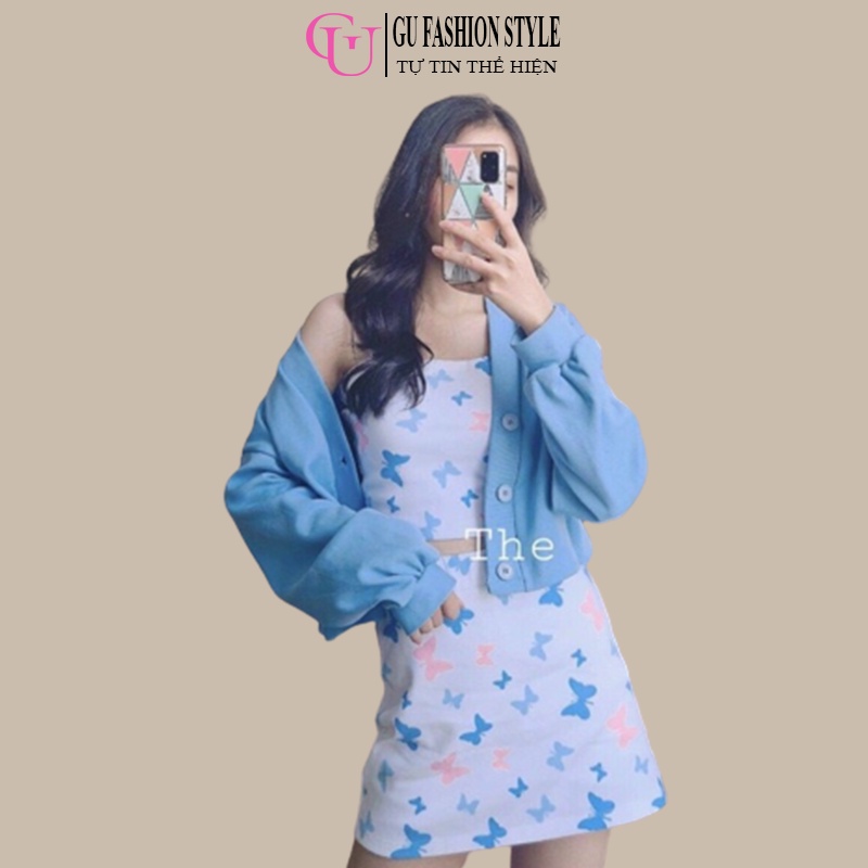Set Bộ Áo Croptop Chân Váy Họa Tiết Kèm Áo Khoác Cardigan Màu Xanh Chất Liệu Thun Mềm Mịn GUX046 - GU FASHION STYLE
