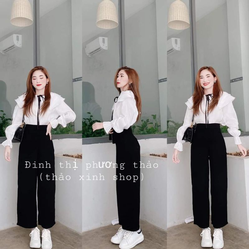 Quần ống rộng lưng cao khóa sườn dáng dài vải tuyết mưa trắng đen be | BigBuy360 - bigbuy360.vn