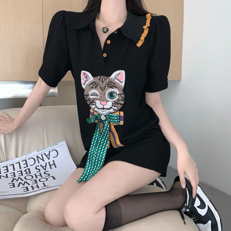 Jiashucheng Áo Thun polo Tay Ngắn Thêu Hình Mèo Thời Trang Mùa Hè Cho Nữ
