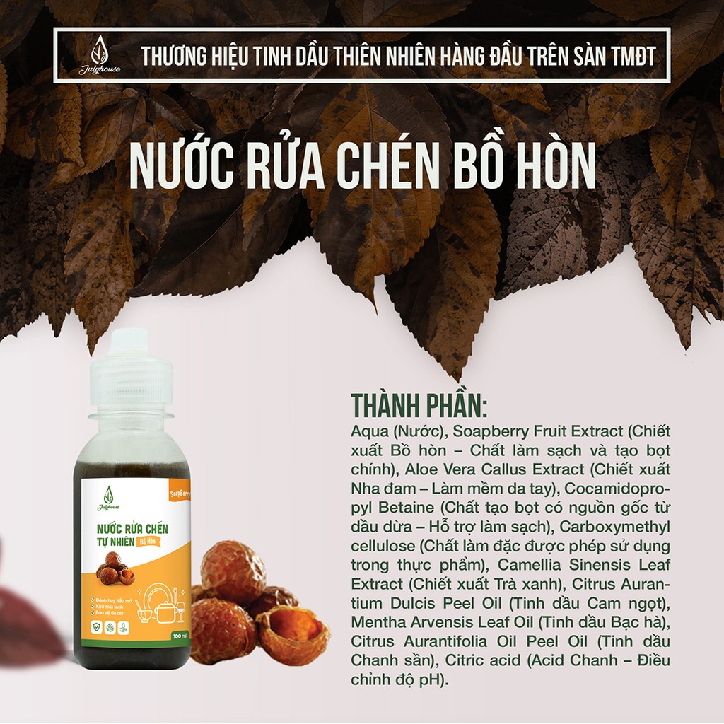 Nước rửa chén Bồ Hòn hữu cơ 200ml JULYHOUSE