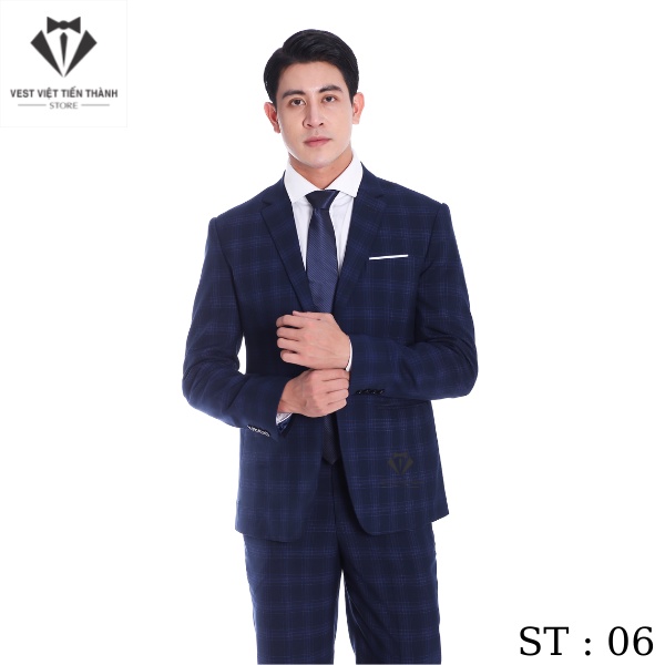 Bộ vest đen kẻ caro vải cashmere cao cấp vest việt tiến thành