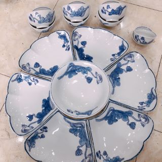Bộ đĩa bát hoa mặt trời men lam