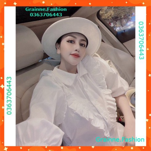 Váy Tay Lỡ Suông Cổ V Phối Viền Bèo Dáng Sơ Mi Trắng Style Retro sang trọng - Đầm Somi Trắng 💎👗👑-GNFShop