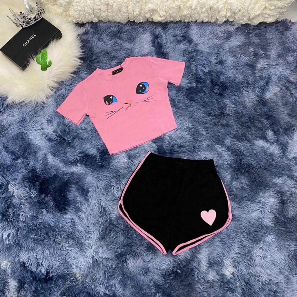 Sét bộ áo croptop in hình mặt mèo cute phối quần đùi cực hot , chất thun bozip mềm mịn dày dặn
