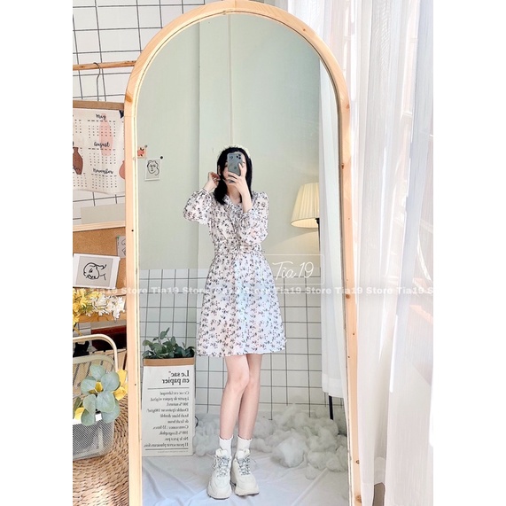 Váy hoa dài tay ulzzang kèm đai Tia19. Đầm hoa nhí ulzzang dáng xoè (Ảnh thật)