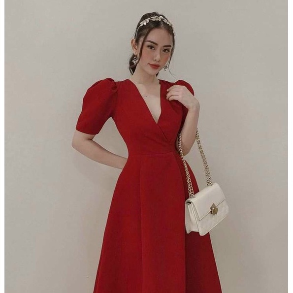 Đầm Dự Tiệc Cổ Tim,Váy Dáng Xòe Thiết Kế Tay Bồng Cao Cấp Kèm Tag Hoa  Tiểu Thư Dạo Phố ( Chất Liệu Tapta full 2 Lớp) Mp