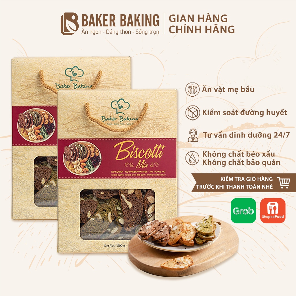 Combo hai hộp bánh Baker Baking biscotti nguyên cám mix 3 vị hỗ trợ ăn kiêng dành cho người béo, tiểu đường