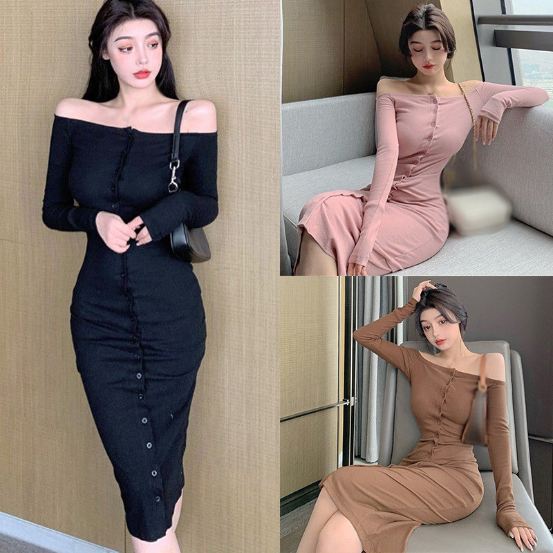 Đầm dài hở vai màu trơn thời trang quyến rũ cho nữ