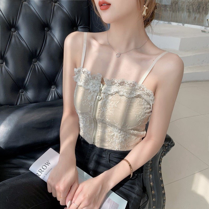 Áo Bra 2 dây corset ren thêu hoa khóa kéo sang chảnh 2210