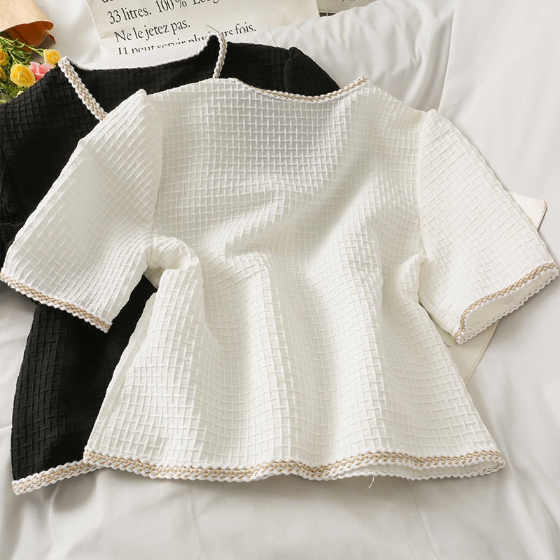 Áo lụa mỏng tay ngắn phối viền kẻ ô vuông phong cách Pháp thời trang mùa hè 2022 cho nữ