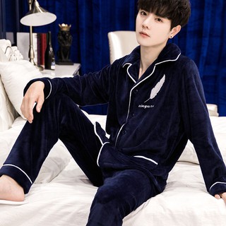 ∋✿✆Bộ đồ ngủ bằng lông cừu san hô dành cho nam mùa đông vải nỉ của giới sang trọng dày dặn cộng với kích thước phục