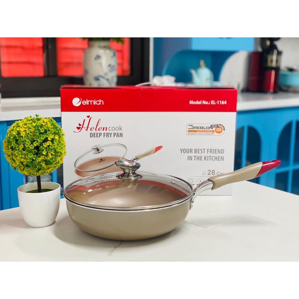 Chảo chống dính sâu lòng có vung kính Helen EL1164E Elmich size 28cm