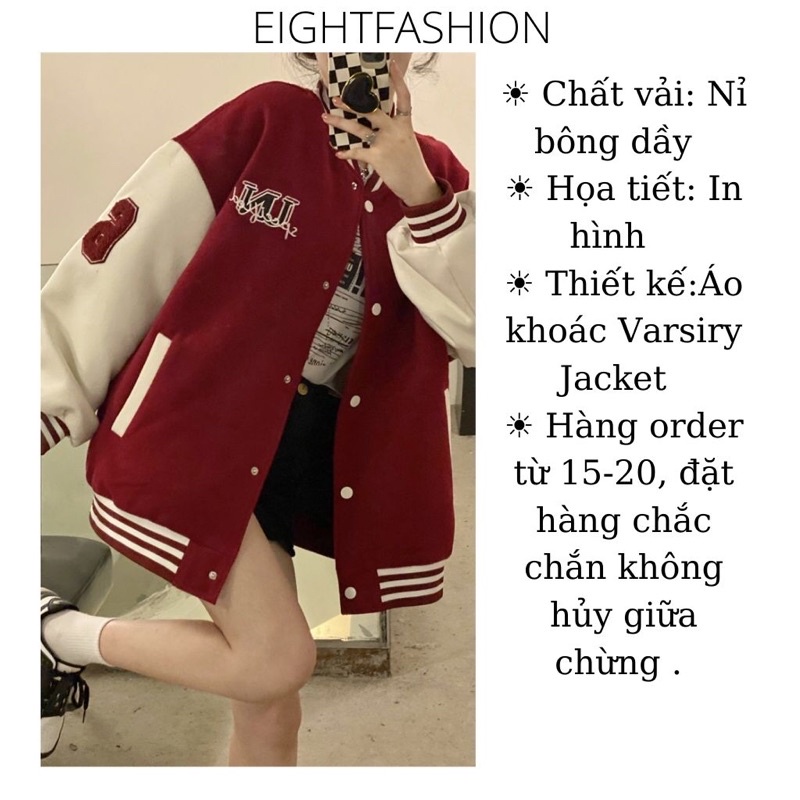 Áo Khoác Varsity Jacket Bomber Thêu Hình Màu Đỏ Nâu Nổi Bật Eightfashion ABB100