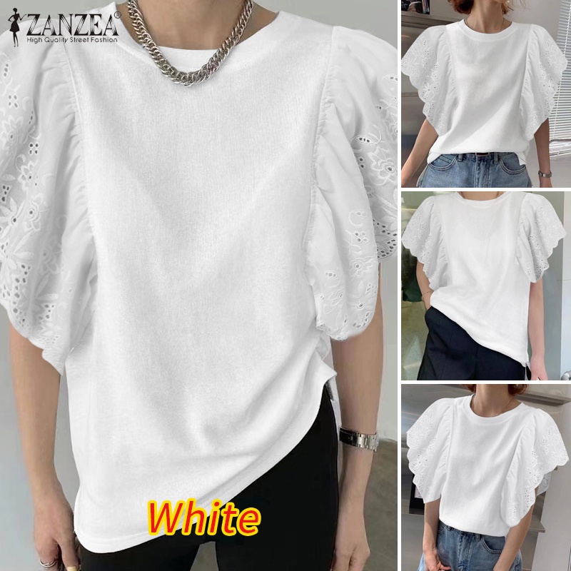 ZANZEA Áo Thun Tay Ngắn Cổ Tròn Phối Ren Thời Trang Cho Nữ