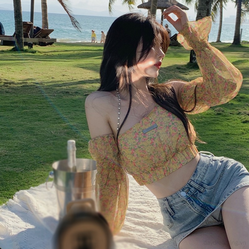 Áo Trễ Vai Dài Tay In Họa Tiết Hoa Thanh Lịch Dành Cho Nữ