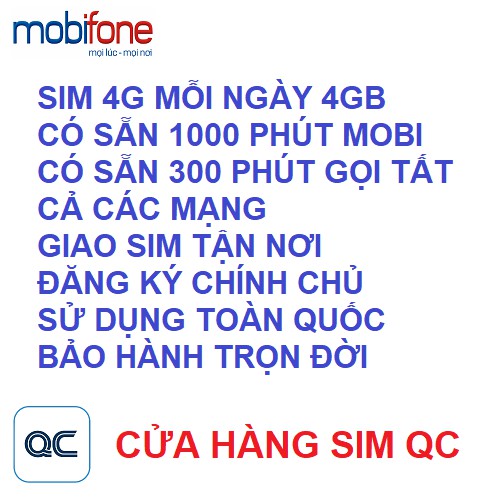 Sim 4G mỗi ngày 4GB 1000 phút mobifone 200 phút liên mạng-mf09