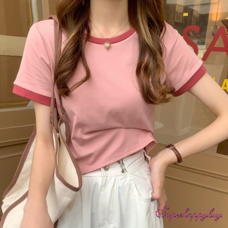 Áo Thun Ngắn Tay Cổ Tròn Màu Sắc Tương Phản Thời Trang Xuân Hè Cho Nữ