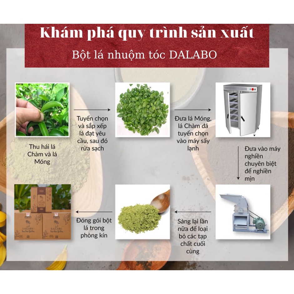 Thảo dược nhuộm tóc, phủ bạc không hoá chất - BỘT LÁ NHUỘM TÓC DALABO, 100% tự nhiên từ bột lá Móng, bột lá Chàm