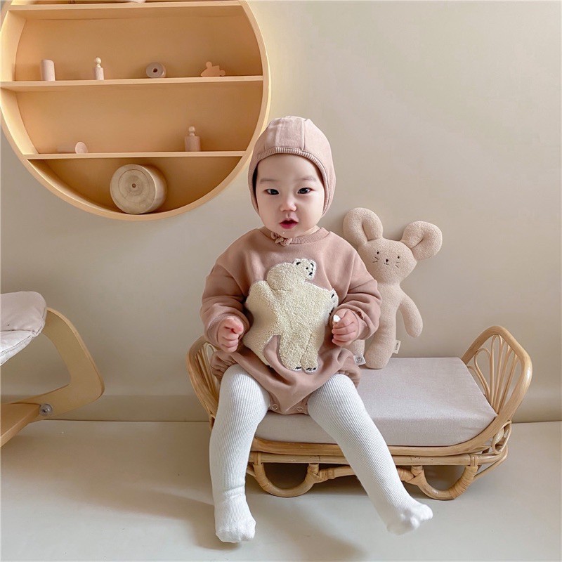 Bodysuit kèm mũ nỉ lót lông in hình gấu xù cho bé