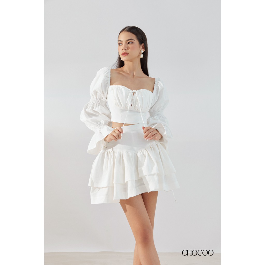CHOCOO - Áo Kiểu Dài Tay Cổ Vuông Tay Phồng DULCIE TOP Cúp Ngực Cột Nơ Màu Trắng