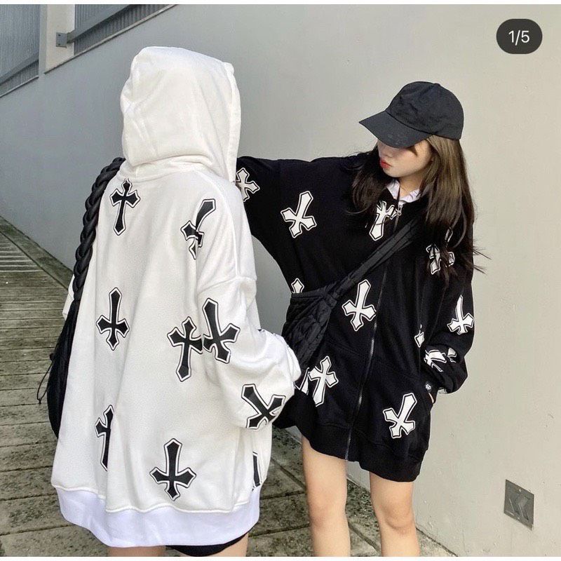 Áo Hoodie Khoá Kéo Chữ Thập Tay Bồng Unisex , Form Rộng Tay Phồng Ulzzang Hot Hit