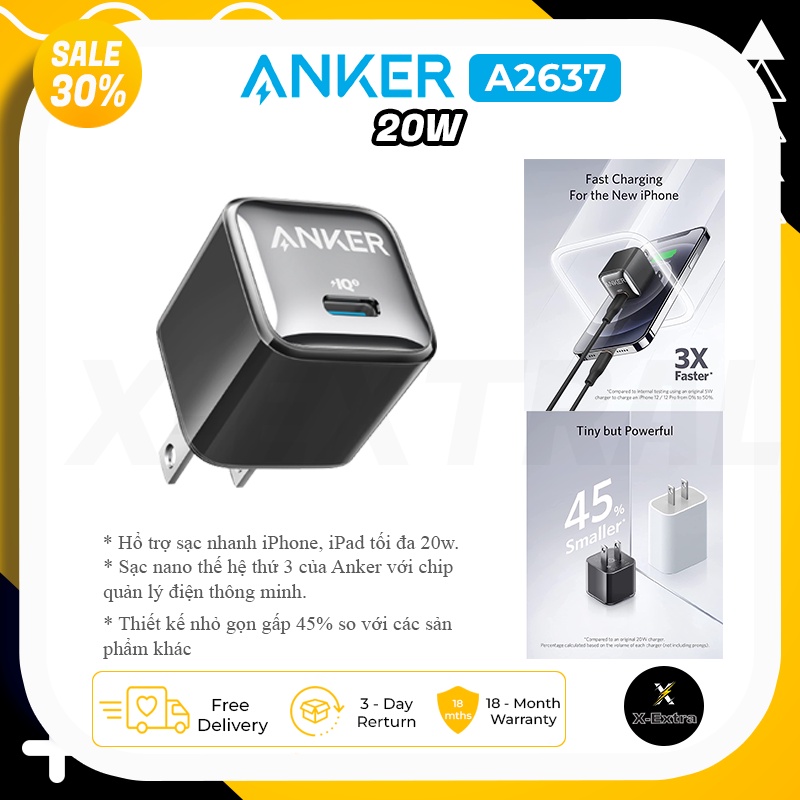 Củ sạc Anker A2637 Nano Pro 20w sạc nhanh các thiết bị di động PD/IQ 3.0, màu sắc đa dạng - BH 12 Tháng