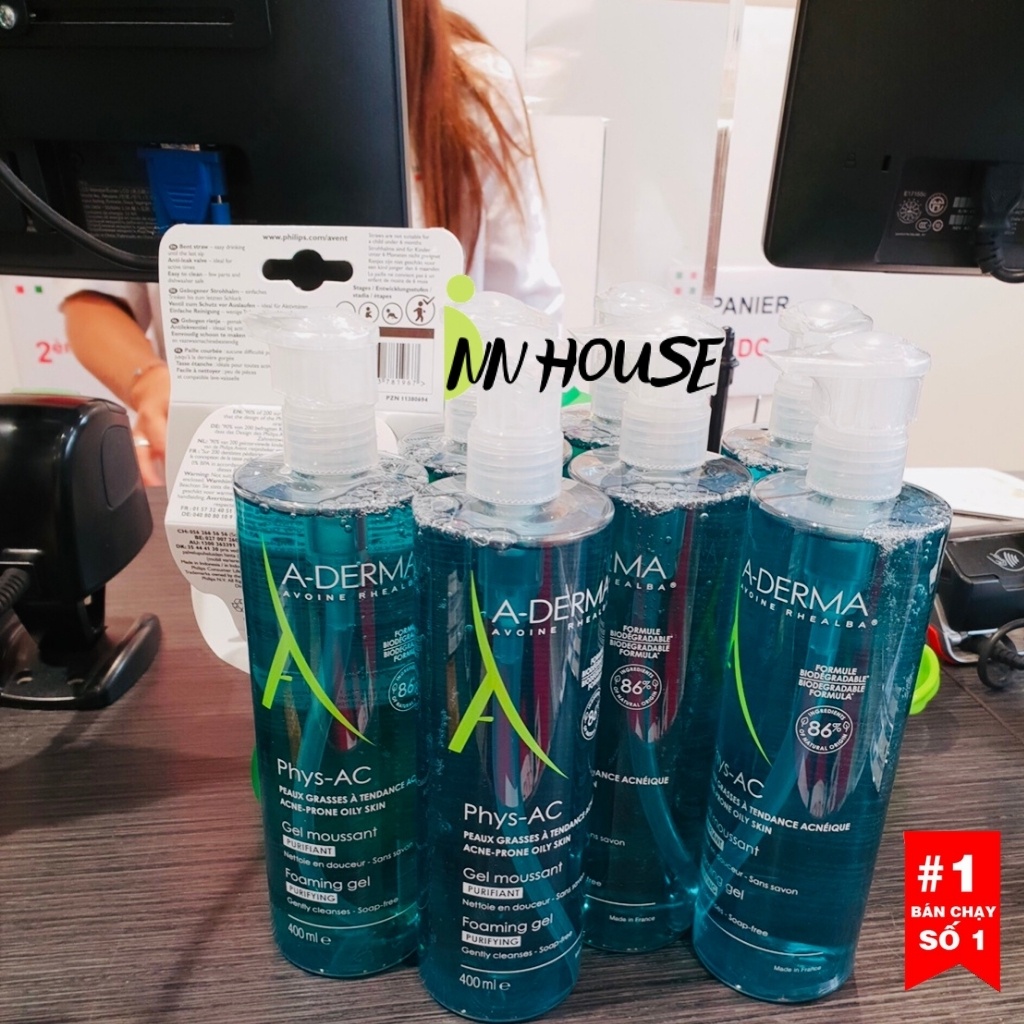 Sữa rửa mặt tạo bọt Aderma PHYS-AC Gel Moussant dưỡng ẩm và làm sạch da dầu mụn, da nhạy cảm, srm A-derma NN HOUSE