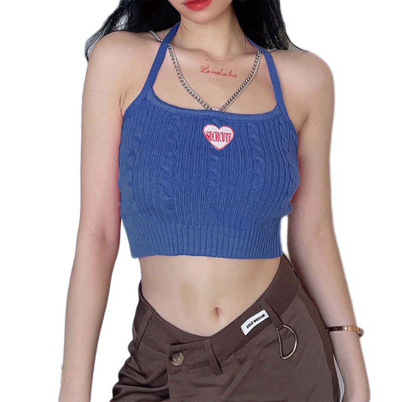 Áo Croptop Dệt Kim Hai Dây Thêu Họa Tiết Trái Tim Phong Cách Harajuku Quyến Rũ Cho Nữ