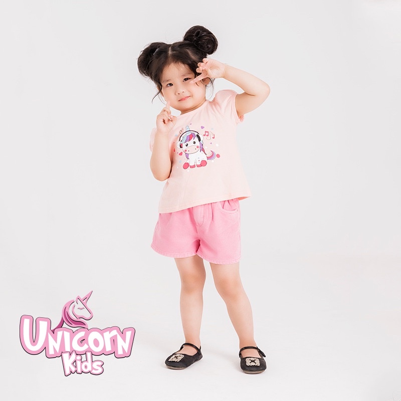 Áo phông cộc tay bé gái Unicorn Kids hình kỳ lân nghe nhạc chất liệu 100% cotton, từ 1- 5 tuổi cân nặng từ 8.5 - 22kg