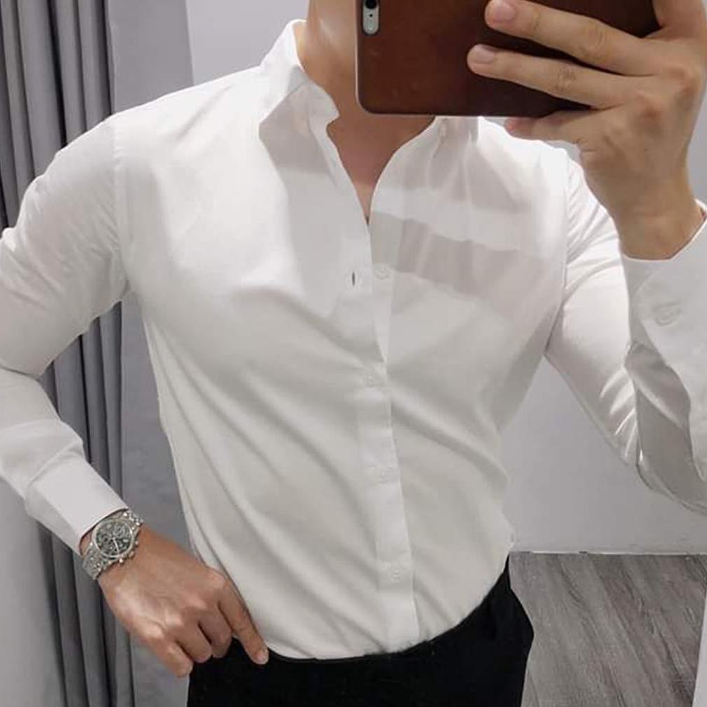 Áo sơ mi nam trắng dài tay công sở cao cấp chất lụa đẹp Hamino form slimfit ôm dáng thời trang Hàn Quốc màu trắng đen A2 | BigBuy360 - bigbuy360.vn