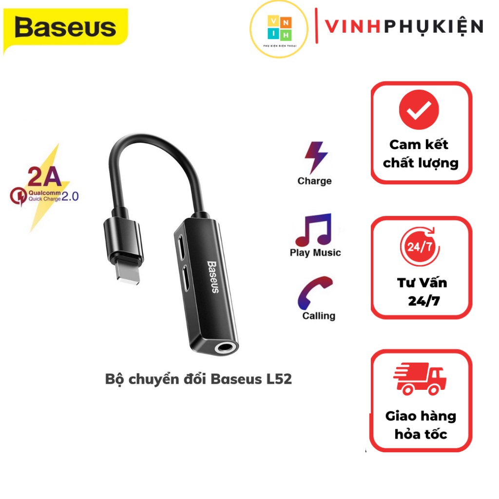 Jack chuyển đổi IPl52 baseus 3 in 1 vừa sạc vừa nghe hỗ trợ mic ở chân dẹt cho các dòng 7 8 x 11 12 13
