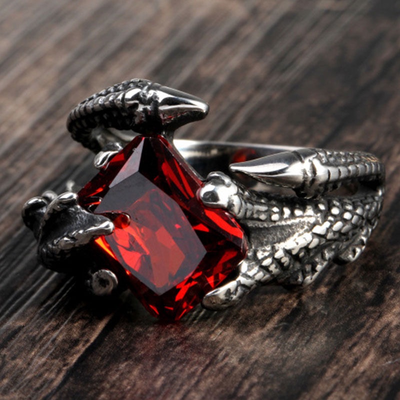 Nhẫn Hình Móng Vuốt Rồng Đính Đá Zircon Đỏ Phong Cách Âu Mỹ Cho Nam