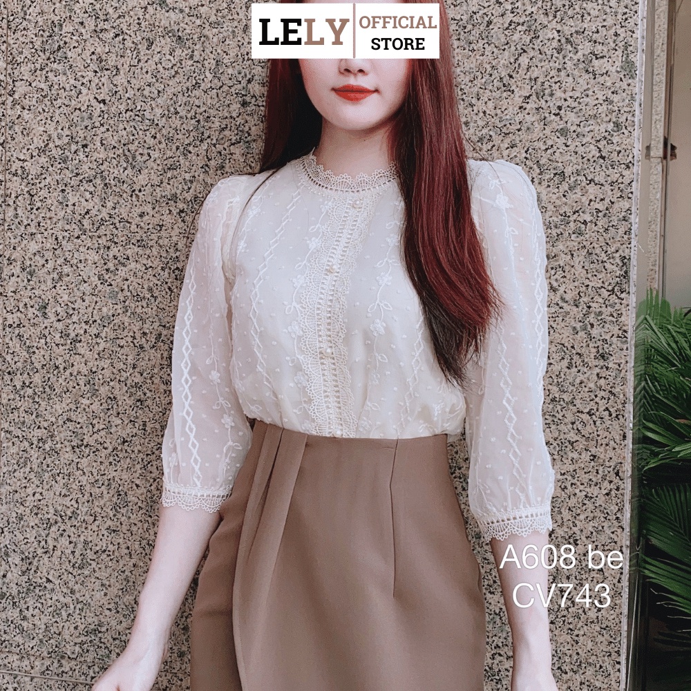 Áo sơ mi nữ Lely Fashion somi kiểu ngắn tay lỡ ren thêu cúc ngọc cao cấp thời trang công sở cổ ren trắng be A608