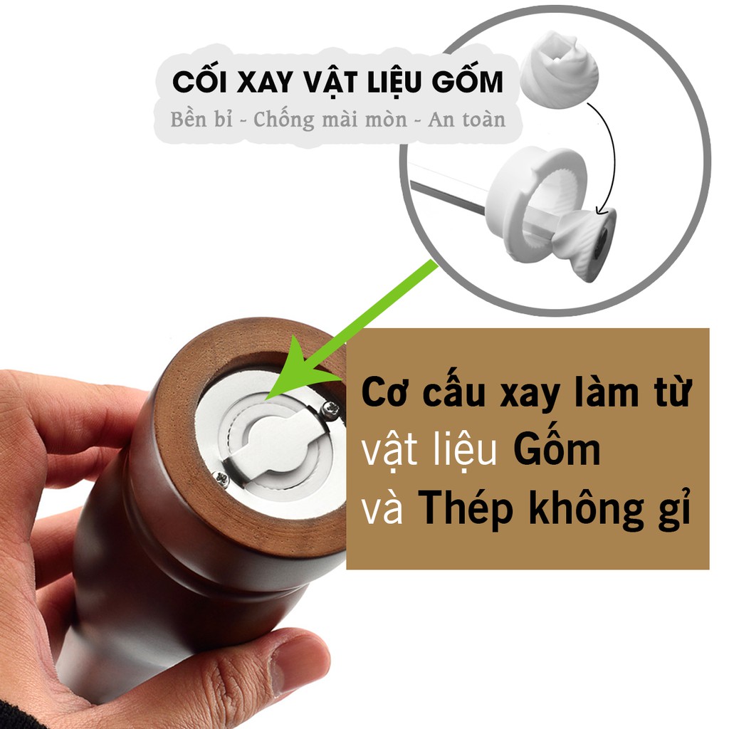 Xay tiêu cầm tay gỗ óc chó sang trọng (GA08), lọ xay hạt tiêu bằng tay