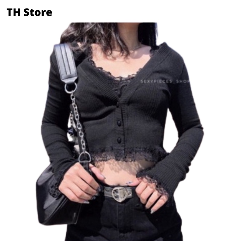 Áo croptop tay dài ôm ngắn phối ren 2 màu