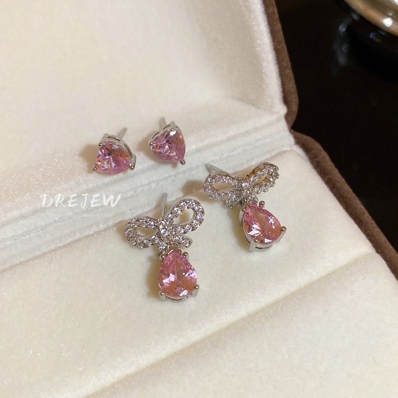 Set 4 khuyên tai DREJEW Sty 2 mạ bạc đính đá zircon hình giọt nước phong cách ngọt ngào thời trang