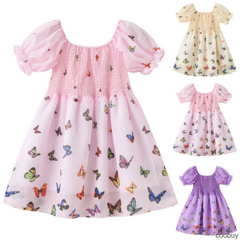 Đầm Xòe Ngắn Tay In Hình Bướm Cho Bé Gái