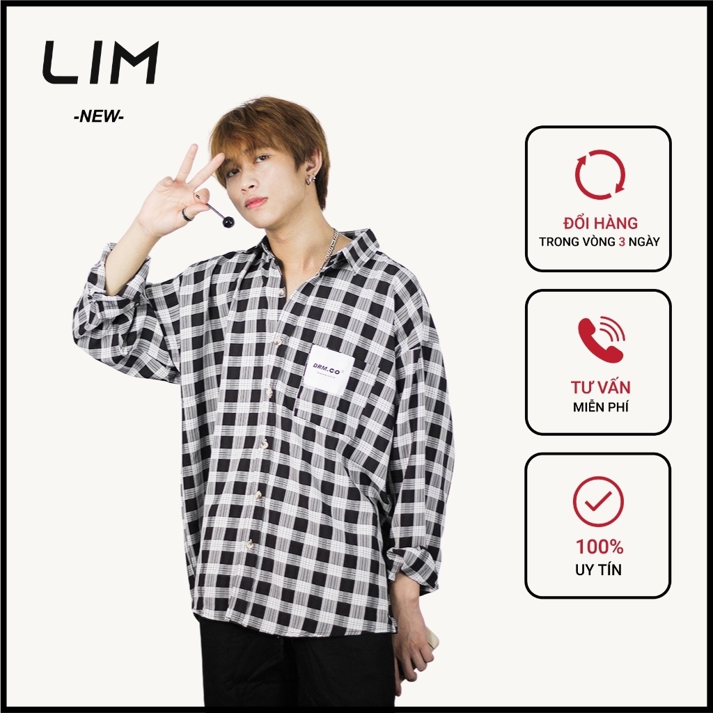 Áo sơ mi kẻ Lim Dr nam/nữ form rộng kiểu hàn kẻ caro đen trắng