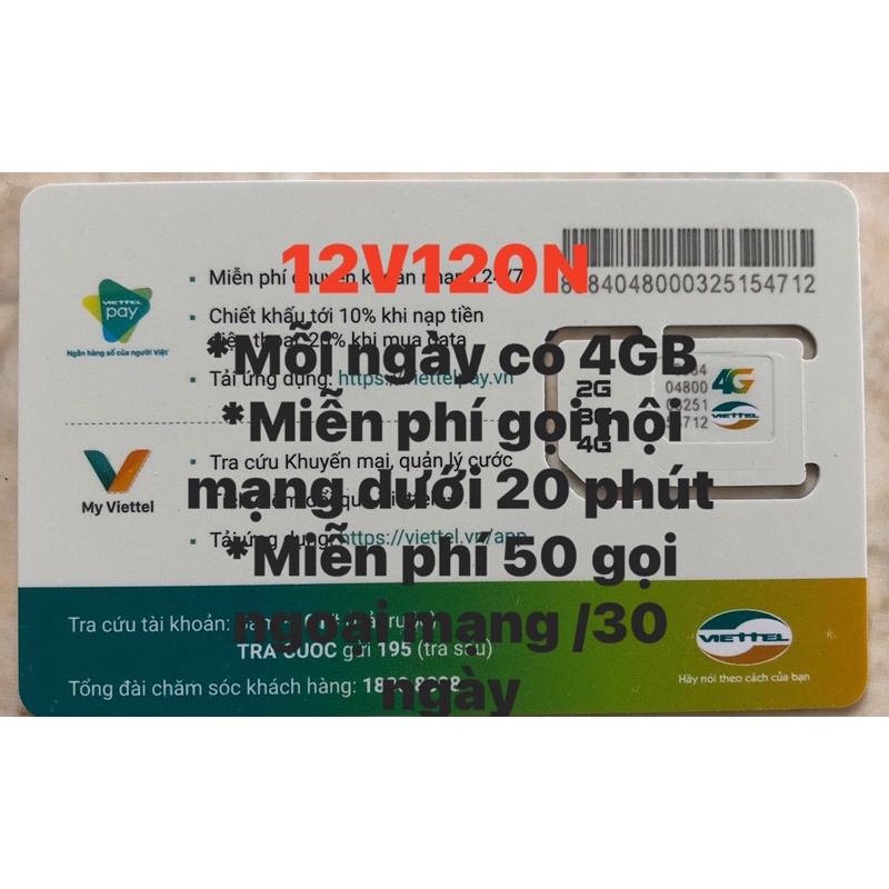 SIM VIETTEL TRỌN  GÓI  12 THÁNG  GÓI  12V120N