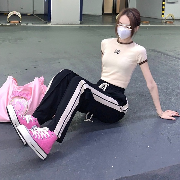 Quần dài ZHELIHANGFEI ống rộng lưng cao họa tiết sọc thời trang cho nữ