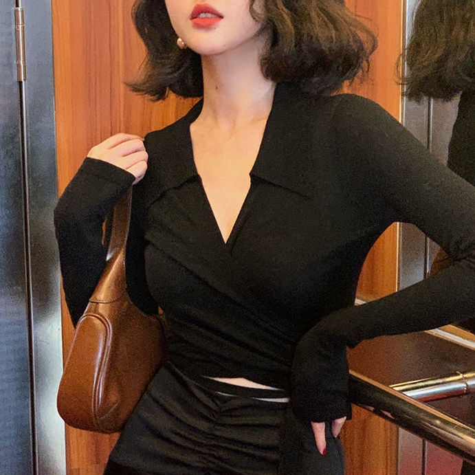 Áo croptop cổ chữ V eo cao phong cách retro Pháp thời trang mùa thu cho nữ 2021