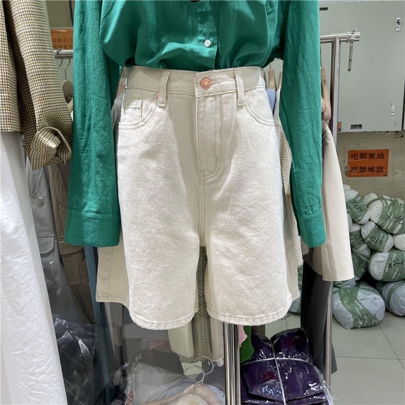 Quần đùi denim ống rộng lưng cao thoáng mát thời trang cho nữ