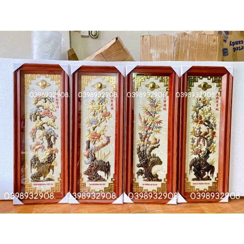 Tranh tứ quý 40 x 100 cm chất liệu bằng đồng nguyên chất tranh treo phong thủy