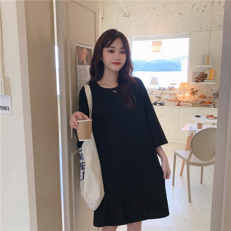 Đầm Thun Tay Ngắn Màu Trơn Thiết Kế Dáng Rộng Thoải Mái