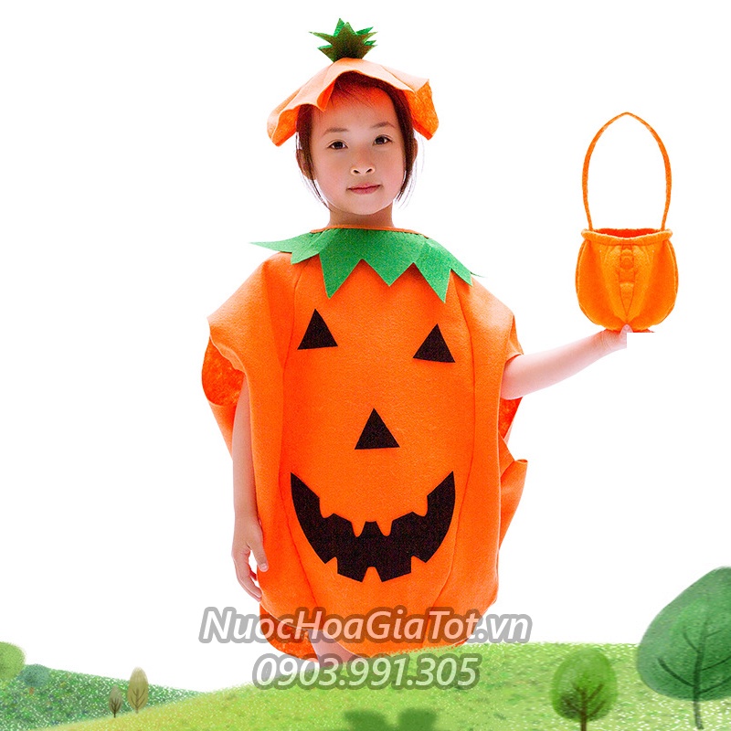 Set combo 3 món hóa trang Halloween bí ngô vải nỉ trẻ embé trai gái dày dặn áo mũ nón túi