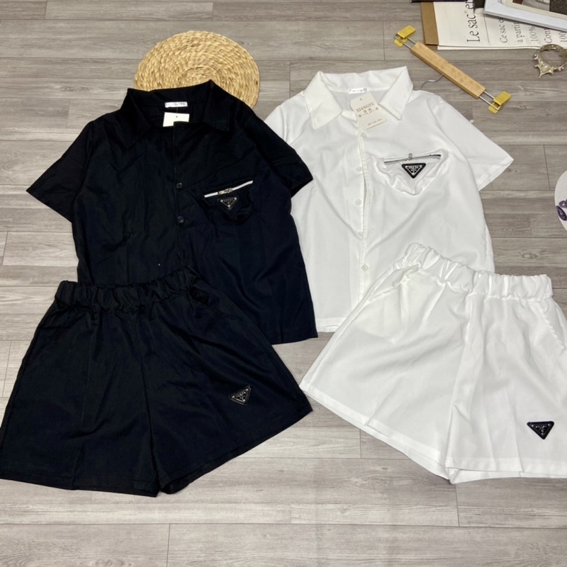 Set bộ áo vest sơ mi cổ bẻ mix quần sooc đùi Áo sơ mi cộc tay chất thô lụa