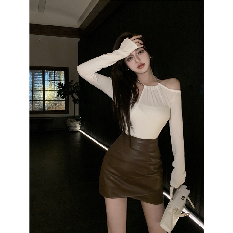 Áo Thun Tay Dài Lệch Vai + Chân Váy Da Lưng Cao Gợi Cảm Cho Nữ