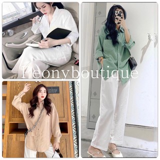 Set Sơ Mi Đũi Xanh Be PEONYB Nữ [FREESHIP]🌸 Bộ quần culottes suông ống rộng trắng kèm áo thun dài tay form rộng Ulzzang🌸