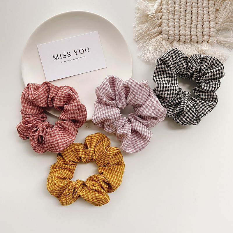 Dây Cột Tóc Scrunchies Gingham Lưới Nhỏ Nhiều Màu